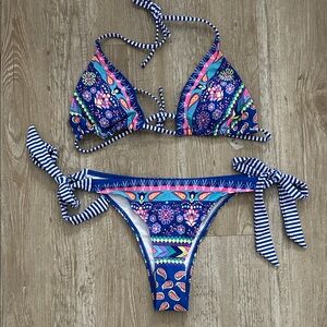 Blue multi color paisley high cut cheeky bikini set